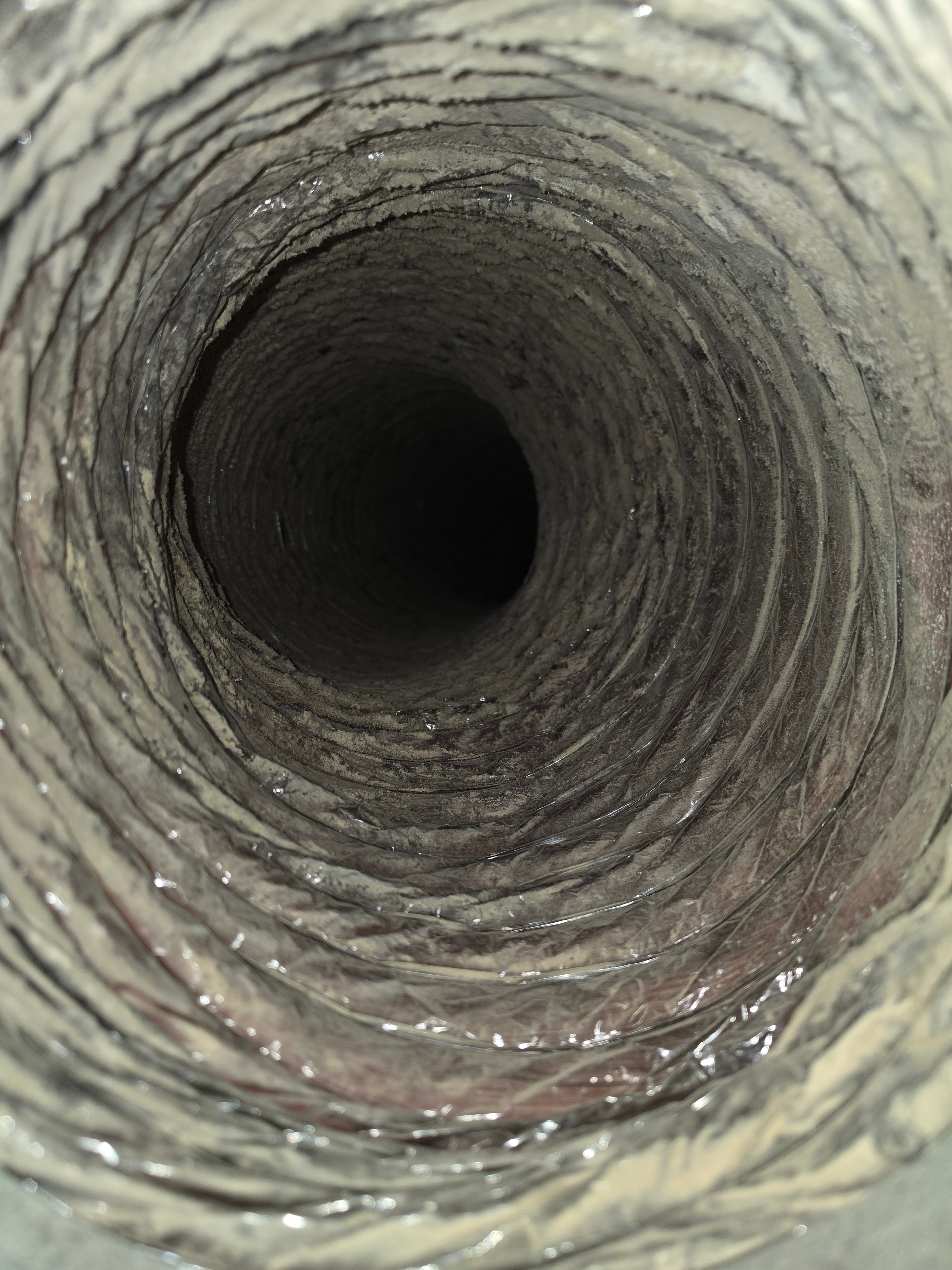 Flexible duct interior packed with dust and allergen buildup — Summit NJ home before cleaning